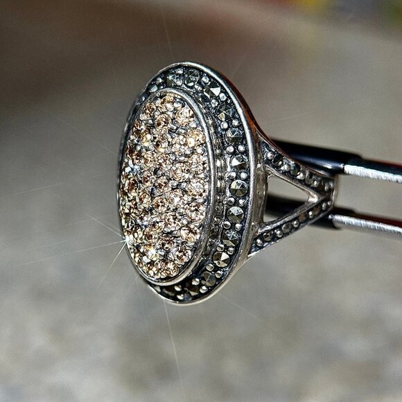 Champagne Stones/Black Marcasites Silver 925 Ring - Picture 4 of 10